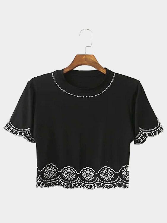 Round Neck Lace Short Sleeve Black Fashion Tee