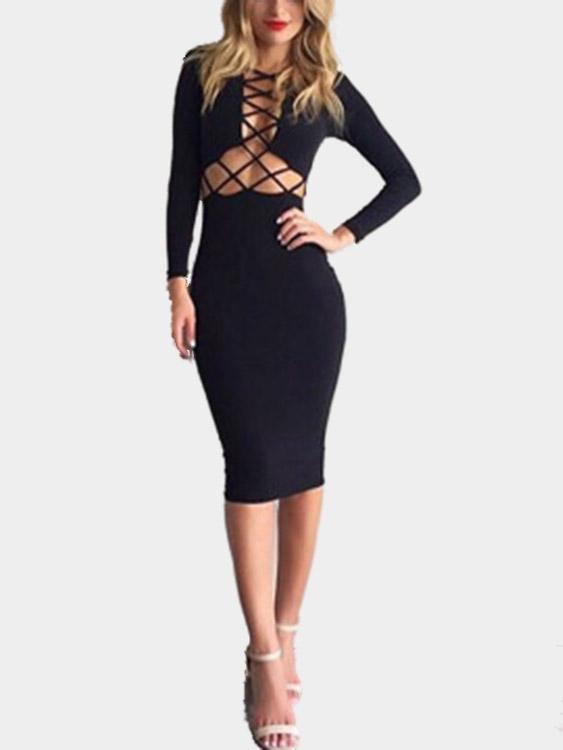 Black Long Sleeve Midi Dress