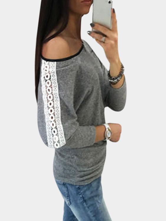 Grey One Shoulder Long Sleeve Plain Lace T-Shirts