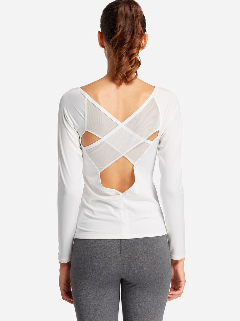 Round Neck Crossed Front Backless Long Sleeve White T-Shirts