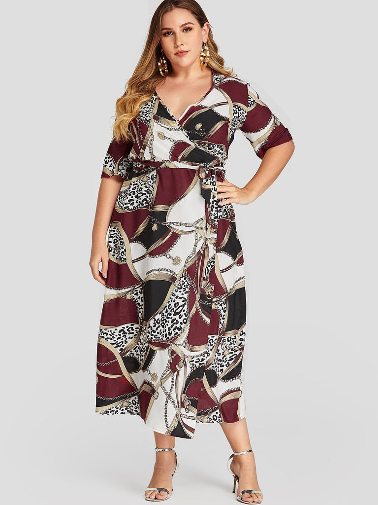 Deep V Neck Self-Tie Wrap Half Sleeve Plus Size Dress