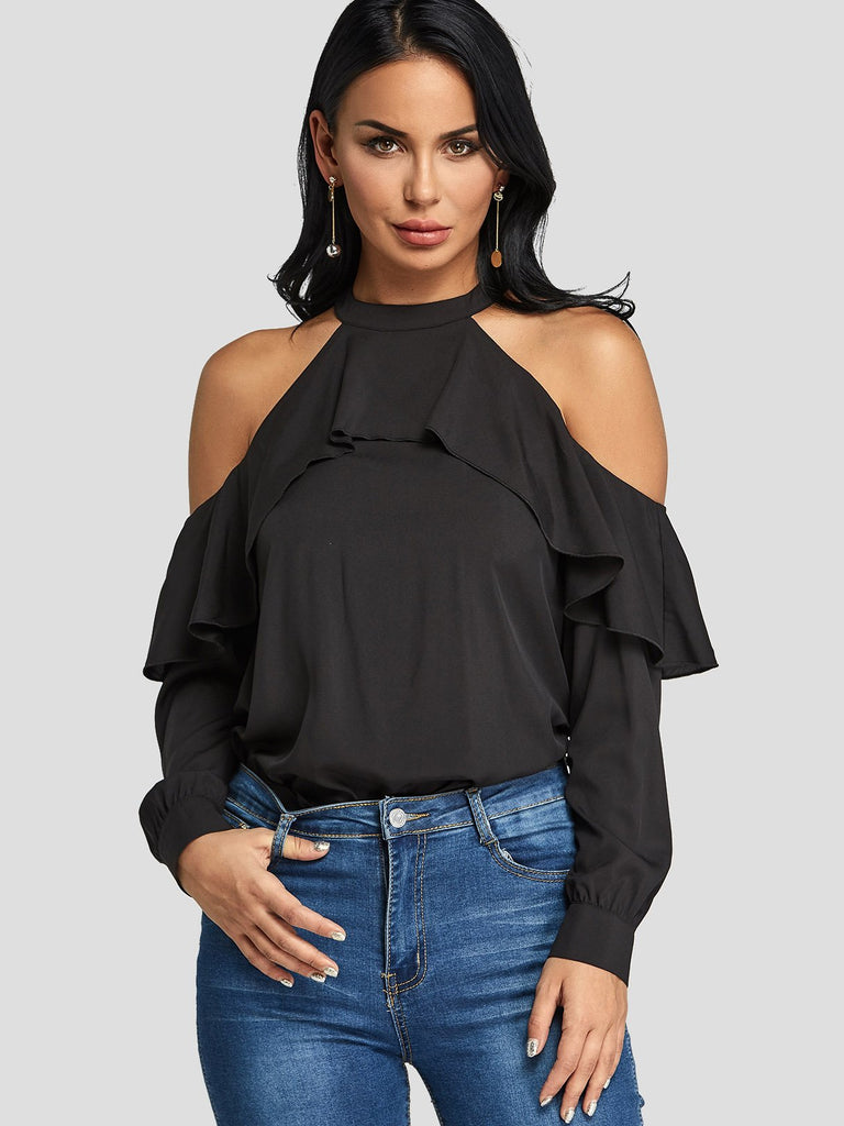 Cold Shoulder Tiered Long Sleeve Black Blouses