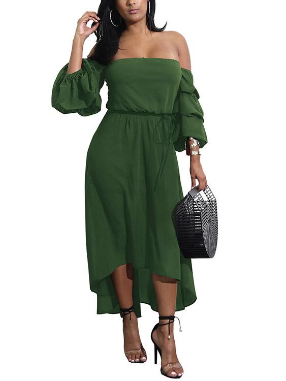 Off The Shoulder 3/4 Sleeve Length Plain Backless Irregular Hem Dresses