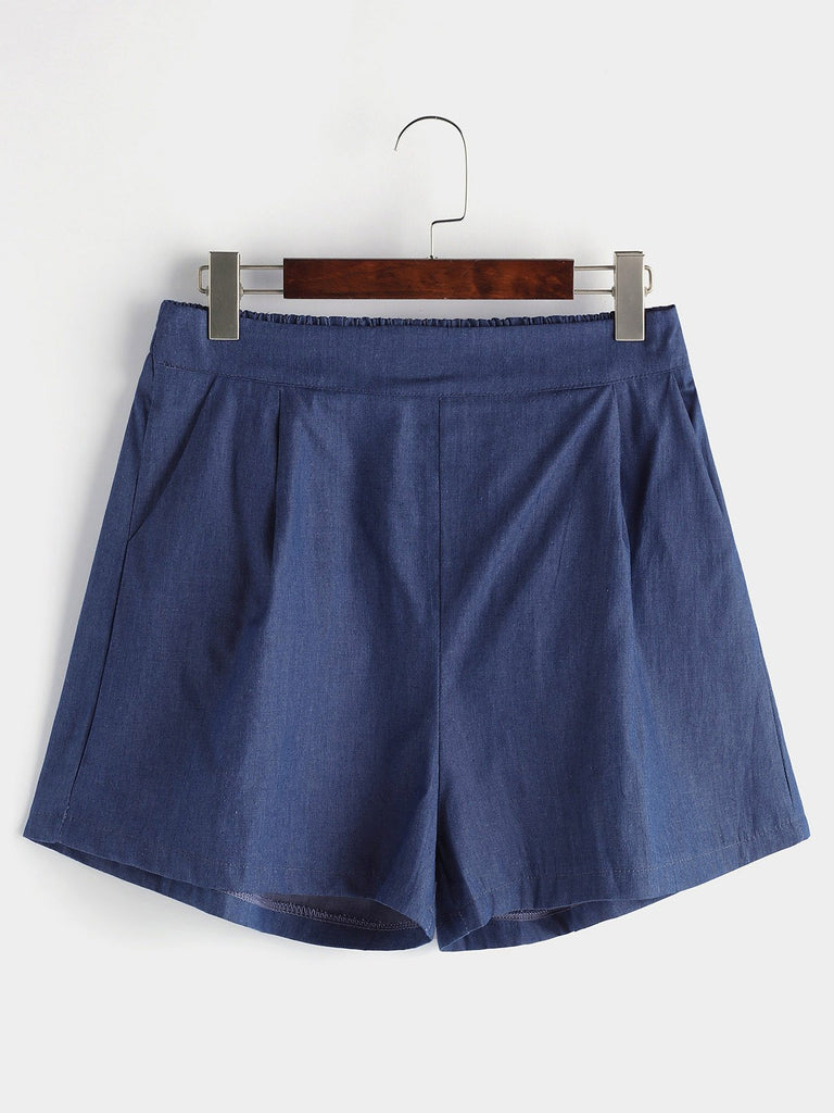 Plain Side Pockets Blue Plus Size Bottoms