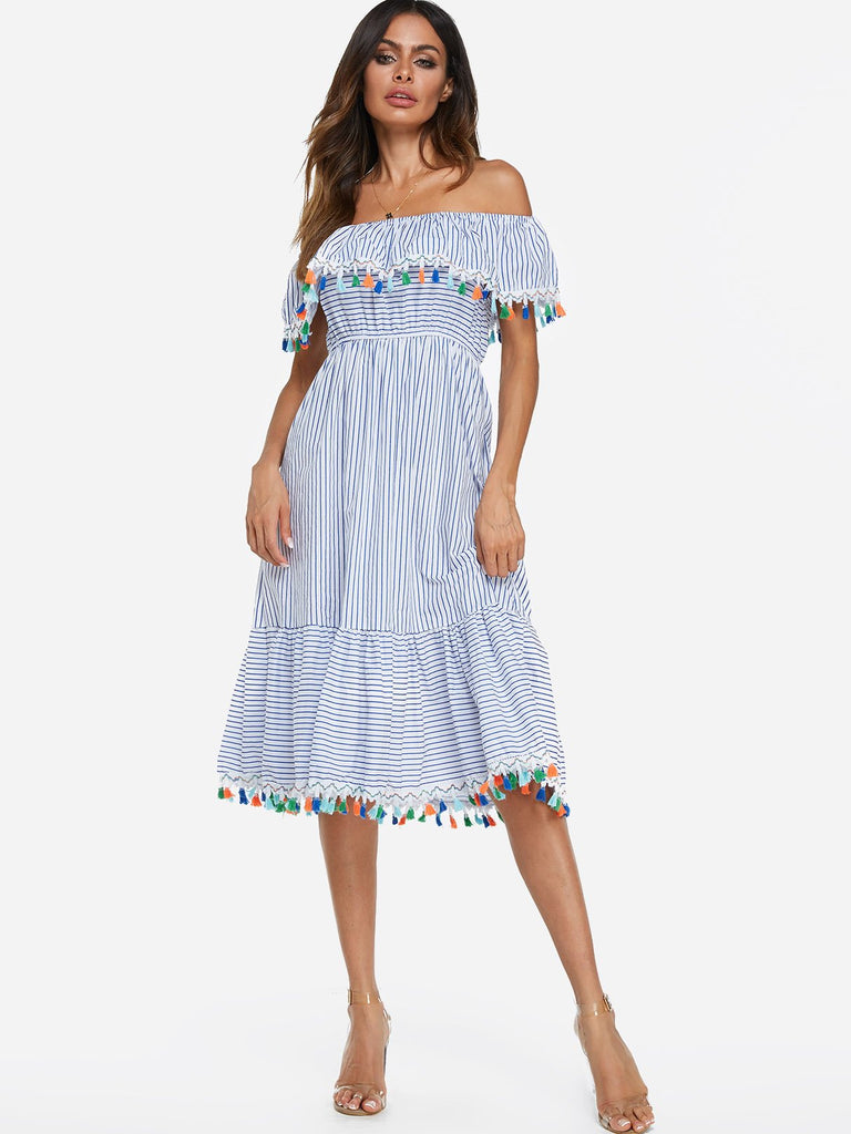 Blue Off The Shoulder Sleeveless Stripe Tassel Tassel Hem Dresses