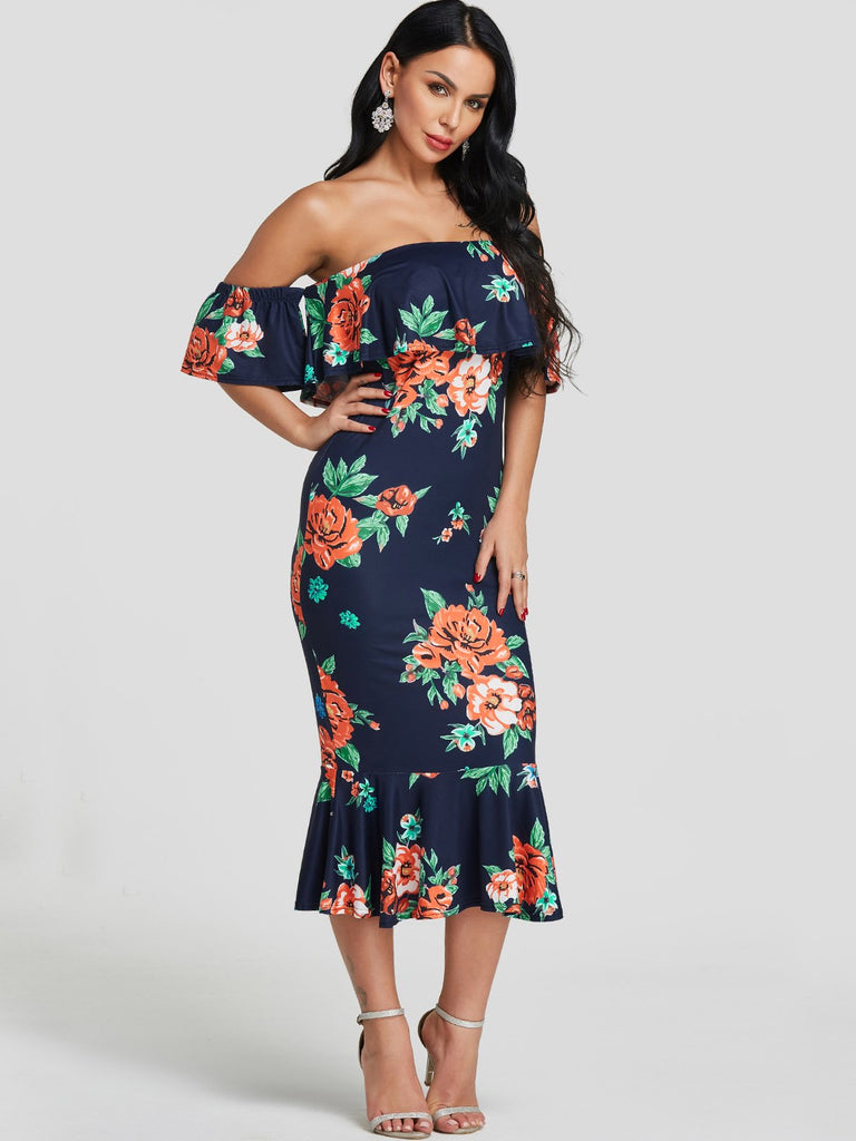 Navy Off The Shoulder Flounced Hem Maxi Dress