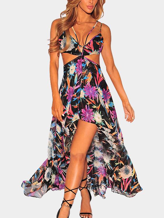 V-Neck Sleeveless Floral Print Backless Cut Out Maxi Dress
