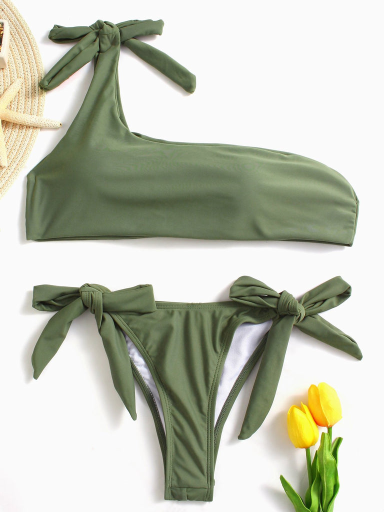Asymmetrical Tie-Up Sleeveless Bodycon Hem Green High-Waisted 2 Piece Bikini