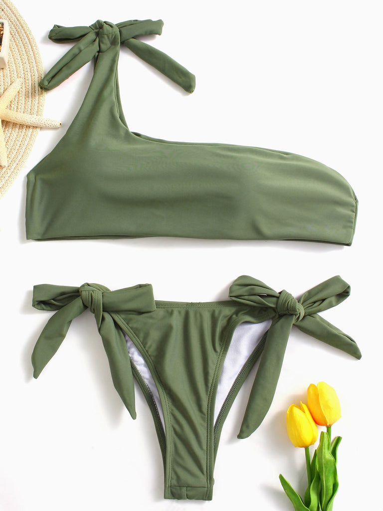 Green Asymmetrical Sleeveless Tie-Up Bodycon High-Waisted Bikini Swimsuit