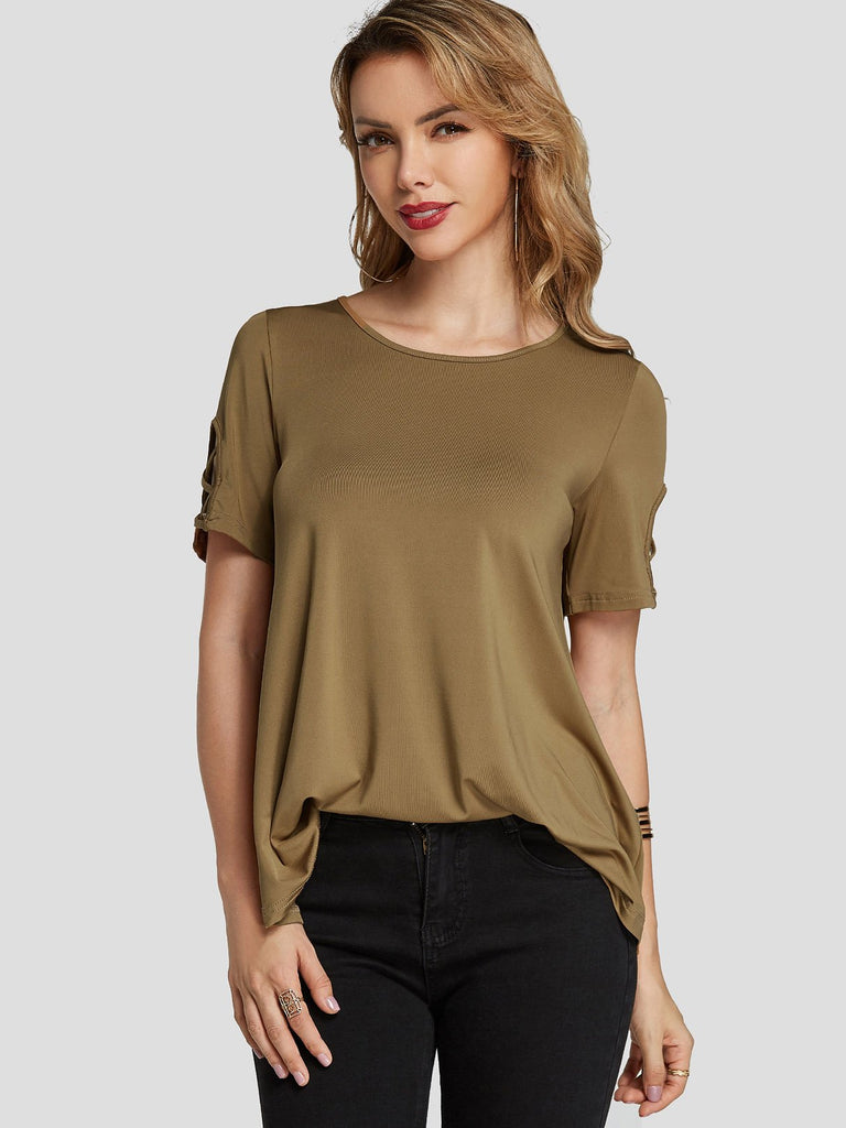 Round Neck Plain Criss-Cross Short Sleeve Camel T-Shirts