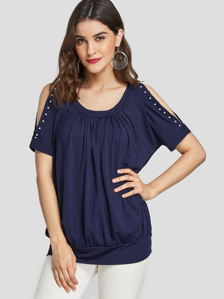 Round Neck Cold Shoulder Pleated Short Sleeve Navy T-Shirts