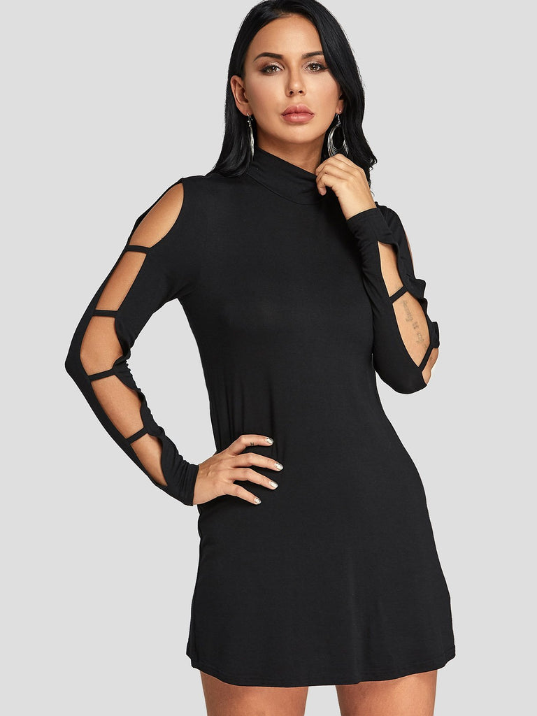 Black Long Sleeve Plain Cut Out Casual Dresses