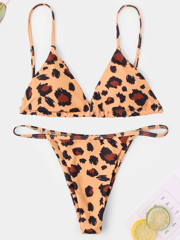 Orange V-Neck Sleeveless Leopard Two Piece Bikini