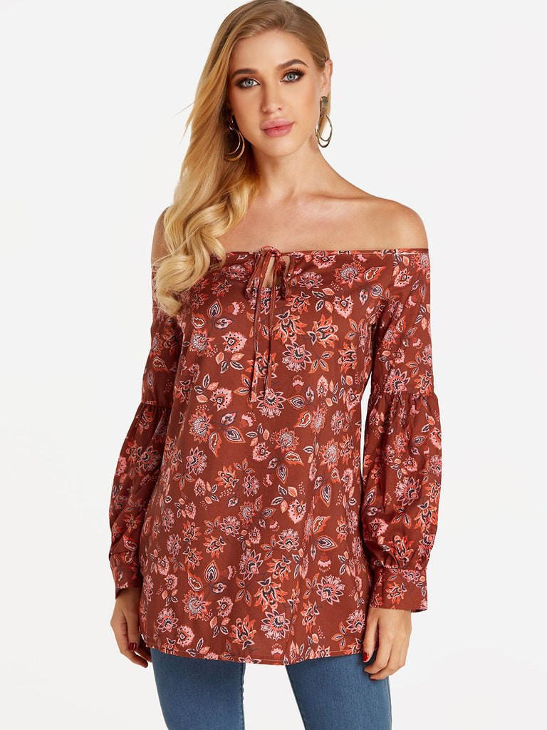 Off The Shoulder Floral Print Cut Out Long Sleeve Burgundy Blouses
