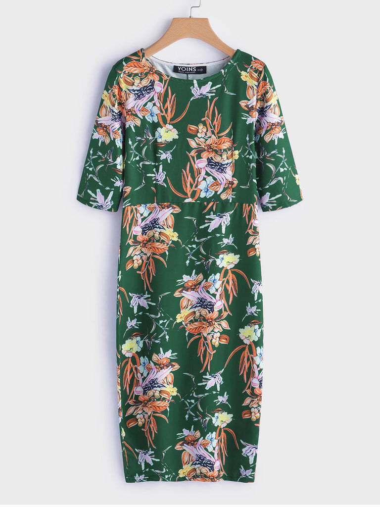 Round Neck Half Sleeve Floral Print Slit Hem Dresses