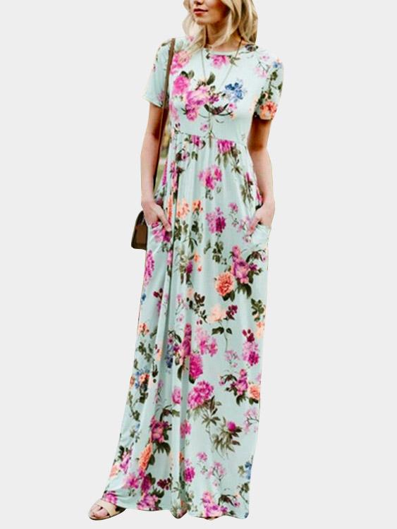 Round Neck Short Sleeve Floral Print High-Waisted Maxi Dress
