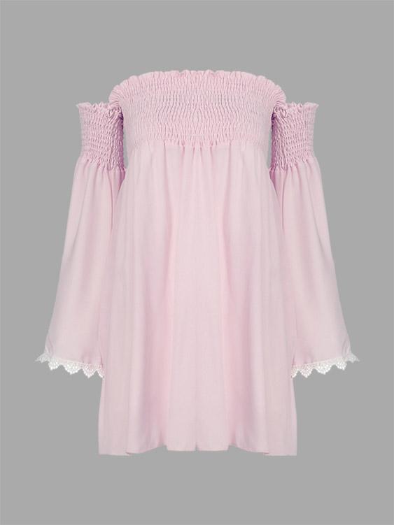 Pink Off The Shoulder Long Sleeve Crochet Lace Embellished Mini Dress