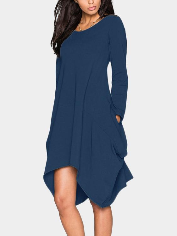 Round Neck Long Sleeve Irregular Hem Casual Dresses