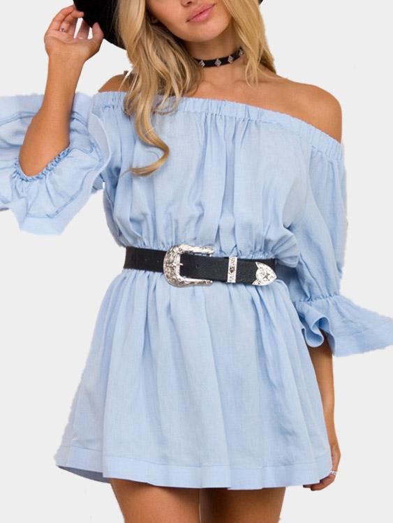 Blue Off The Shoulder Long Sleeve Plain Mini Dress