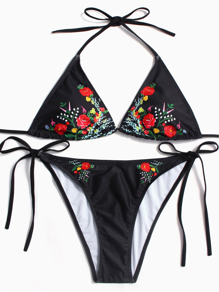 V-Neck Floral Print Embroidered Sleeveless Black Plus Size Swimwear