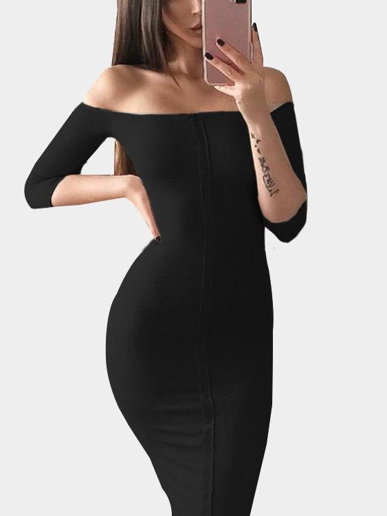 Black Off The Shoulder 3/4 Length Sleeve Plain Bodycon Sexy Dresses