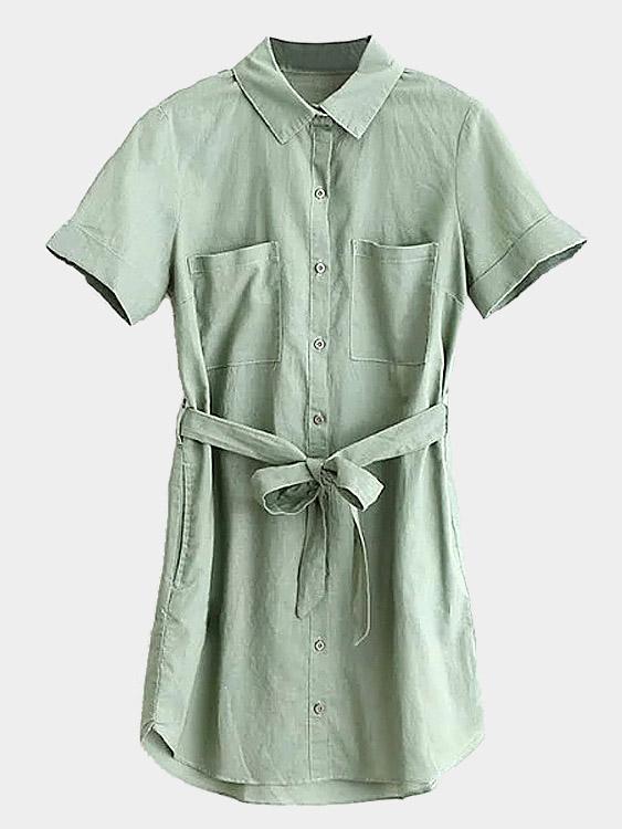 Light-Green Perkins Collar Short Sleeve Plain Curved Hem Mini Dresses