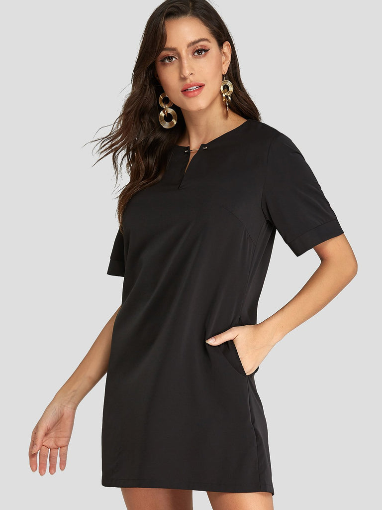 Black V-Neck Half Sleeve Plain Side Pockets Casual Dress
