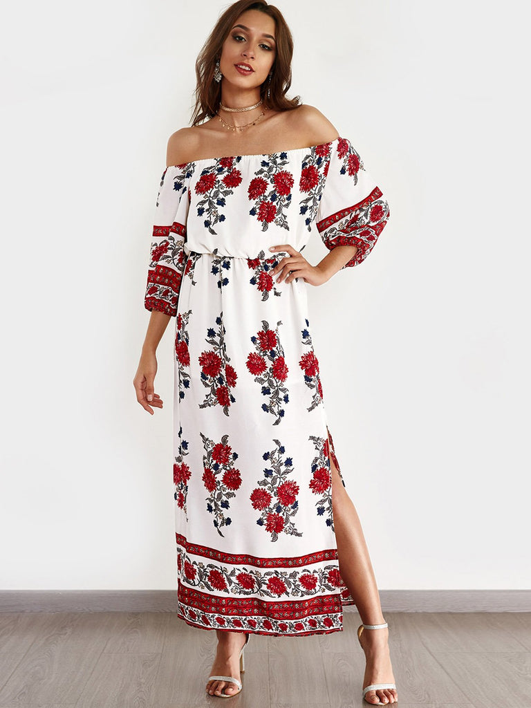 Off The Shoulder 3/4 Sleeve Length Floral Print Slit Dresses