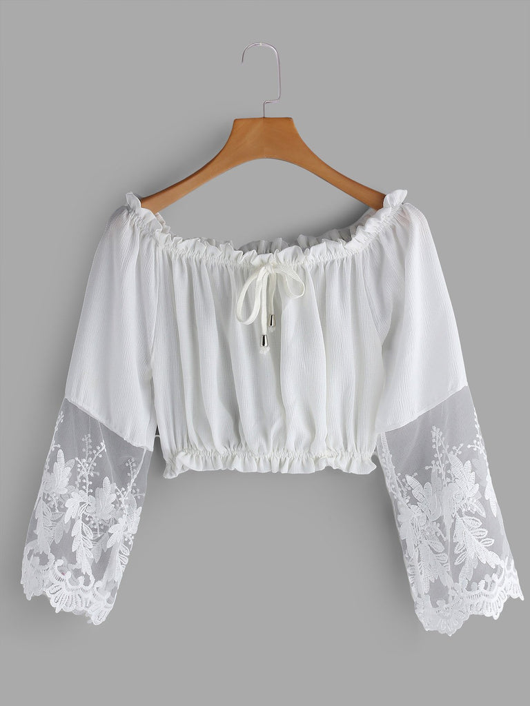Off The Shoulder Lace Pleated Sleeveless White Camis