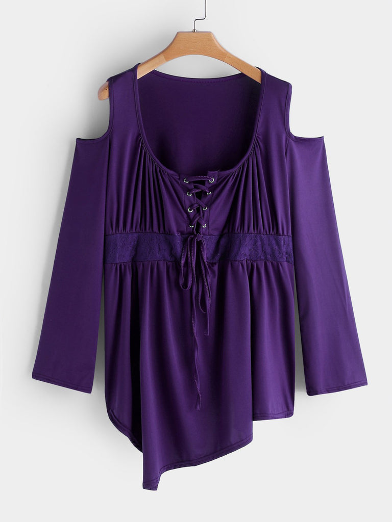 Cold Shoulder Plain Hollow Lace-Up Pleated Long Sleeve Purple Plus Size Tops