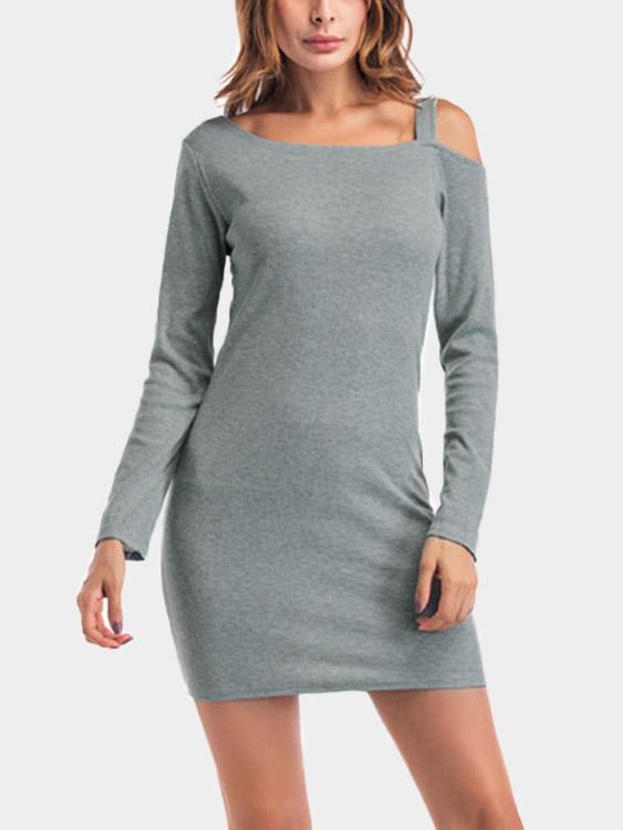 Grey One Shoulder Long Sleeve Plain Mini Dresses