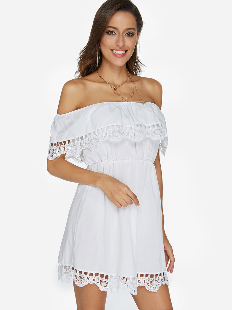 White Off The Shoulder Short Sleeve Lace Tiered Irregular Hem Mini Dresses