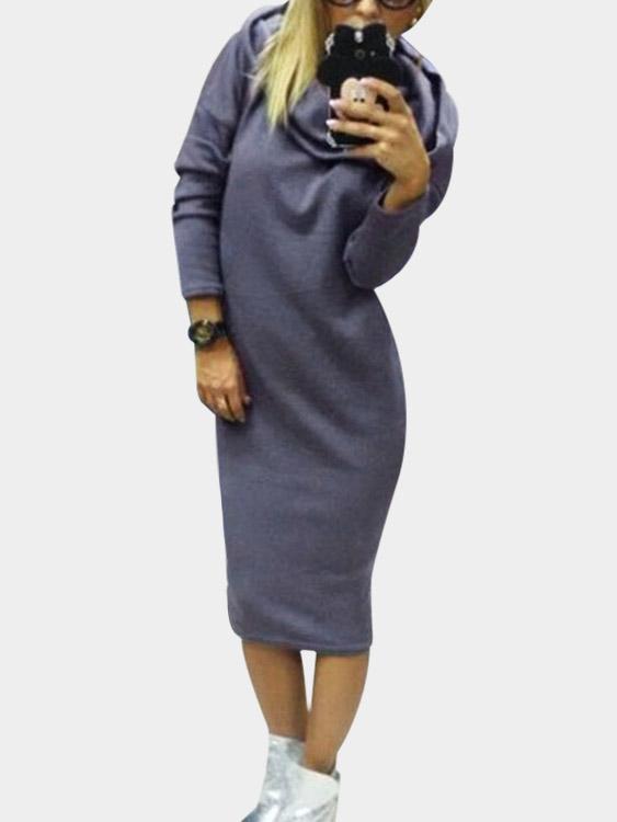 Long Sleeve Hooded Grey Midi Dress