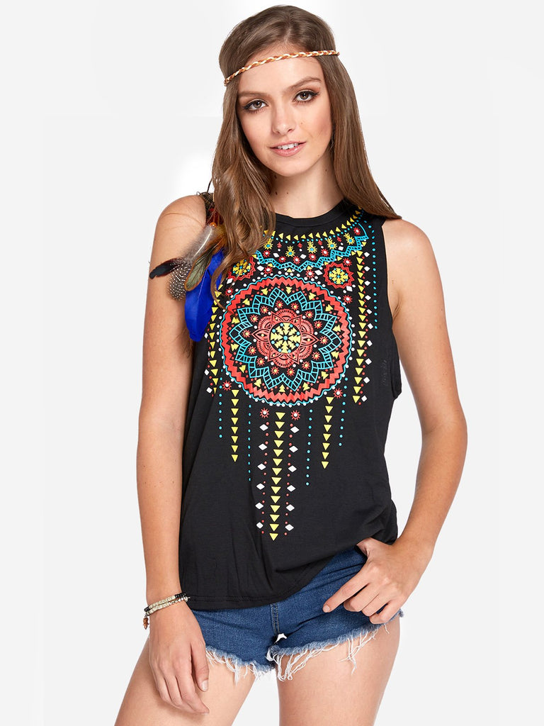 Crew Neck Floral Print Sleeveless Black Tank Top