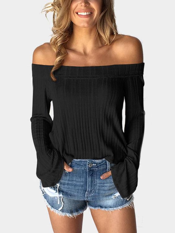Off The Shoulder Plain Long Sleeve Black Tops