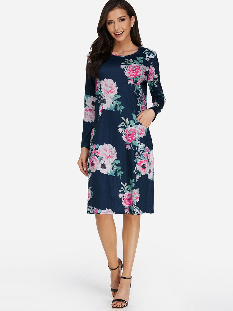 Blue Round Neck Long Sleeve Floral Print Side Pockets Dresses