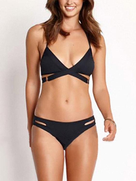 V-Neck Plain Crossed Front Cut Out Bikinis