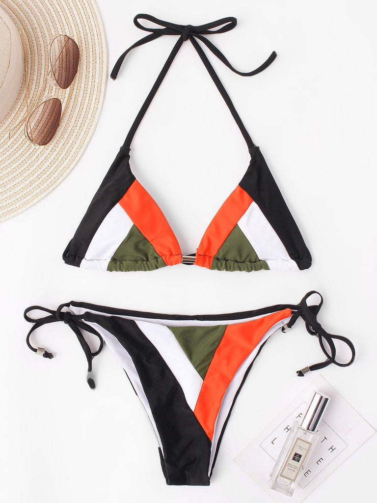 Halter Sleeveless Stripe Backless Two Piece Bikinis