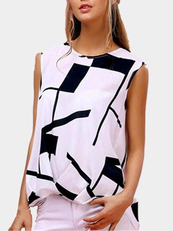 Geometrical Sleeveless White Tank Top