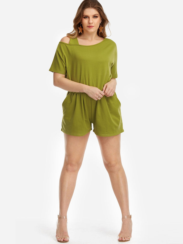 One Shoulder Plain Short Sleeve Green Plus Size Bottoms