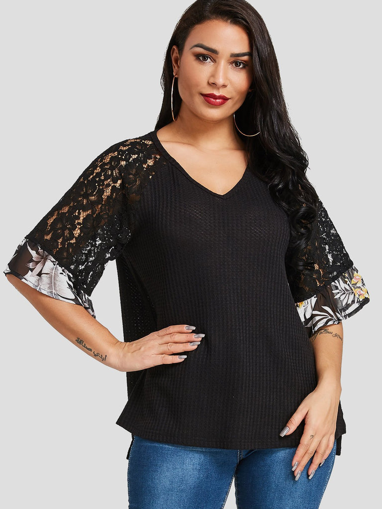 V-Neck Lace Short Sleeve Black T-Shirts