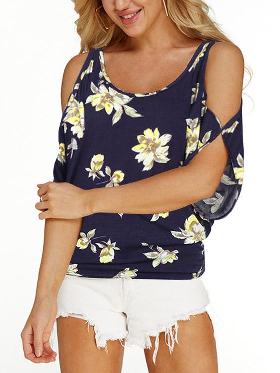 Navy Scoop Neck Cold Shoulder Cut Out Tie-Up Short Sleeve T-Shirts