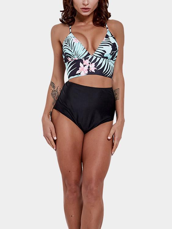 V-Neck Floral Print Criss-Cross Tie-Up Sleeveless Bikini Set