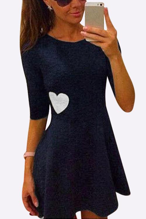 Navy Round Neck Half Sleeve High Waist Casual Dresses