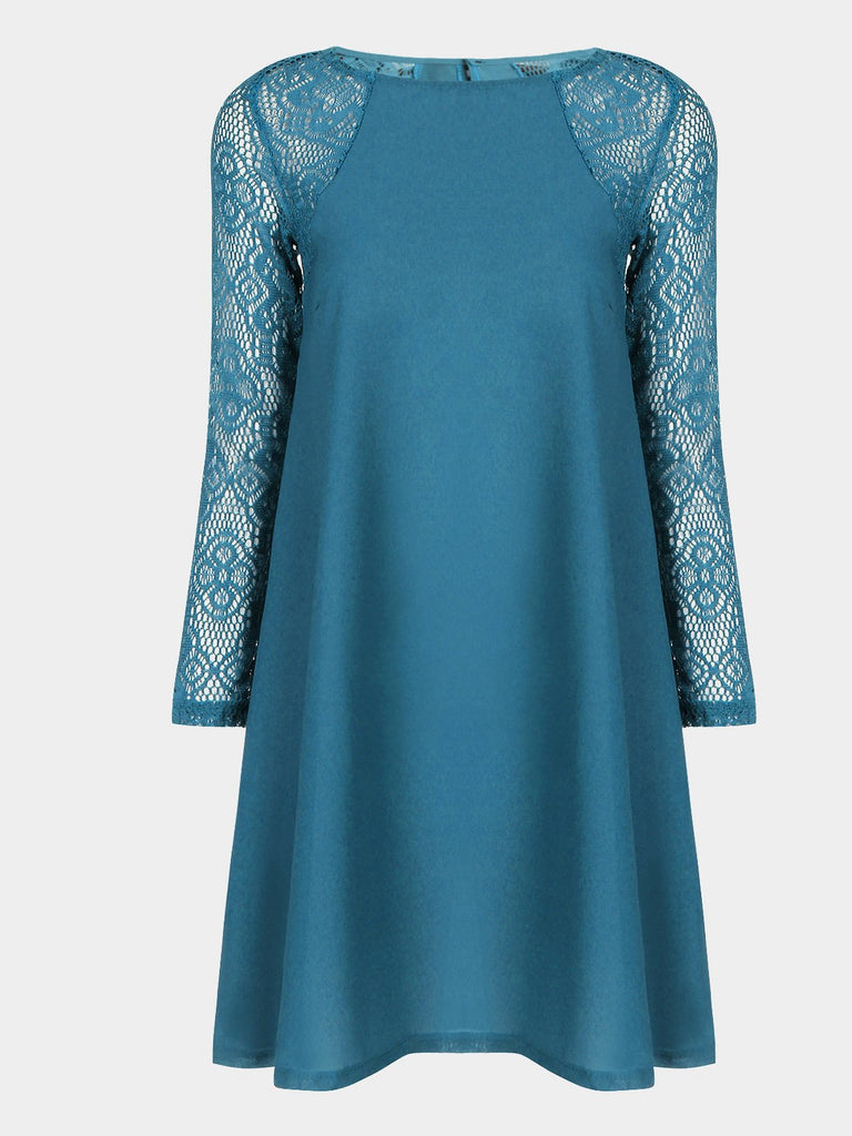 Dark Blue Round Neck Long Sleeve Lace Mini Dress