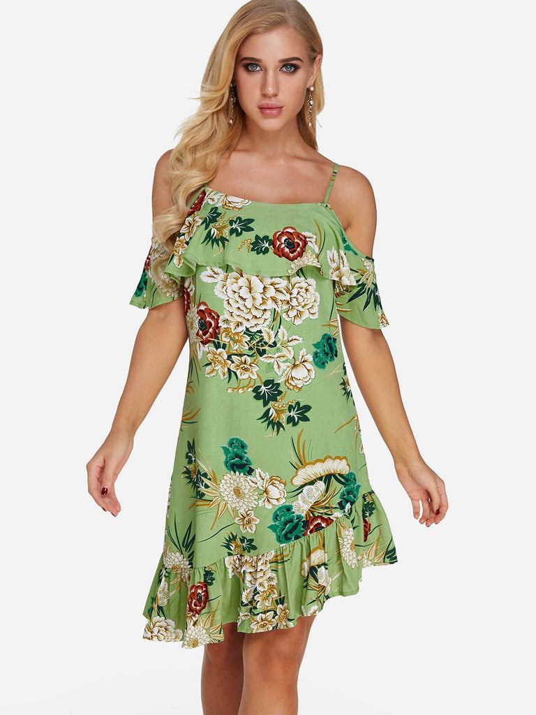 Green Cold Shoulder Short Sleeve Floral Print Spaghetti Strap Ruffle Hem Dresses