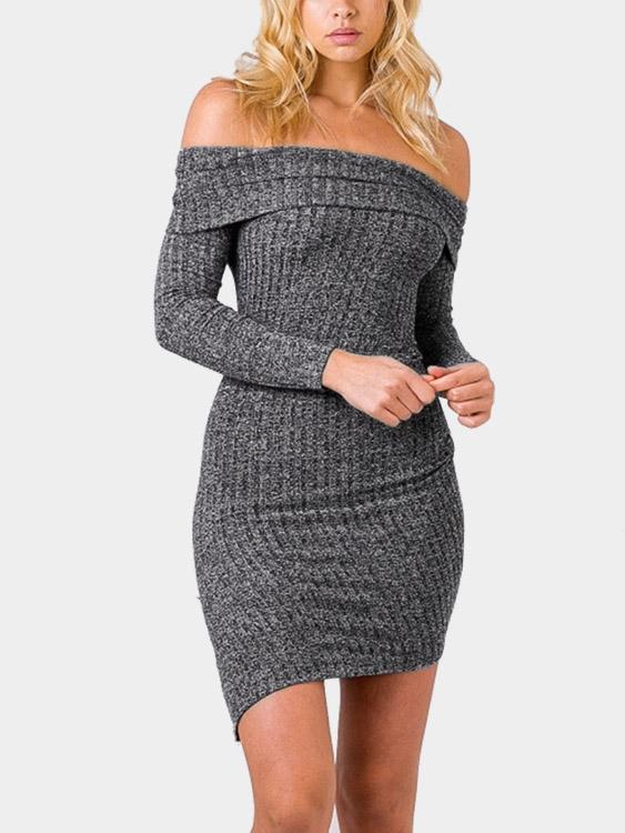 Grey Off The Shoulder Long Sleeve Plain Irregular Hem Sexy Dresses