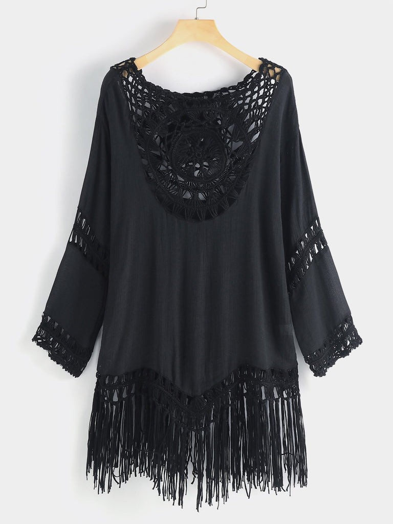 Round Neck Long Sleeve Tiered Hollow Tassel Hem Beachwear