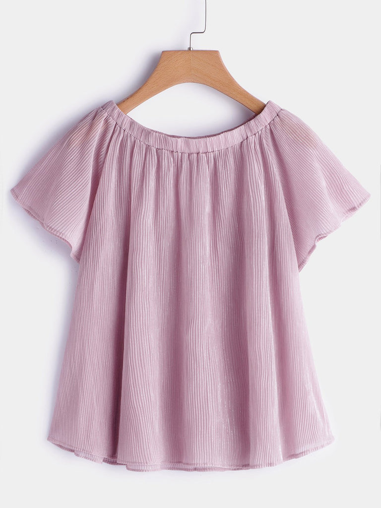 Round Neck Off The Shoulder Short Sleeve Curved Hem Purple T-Shirts