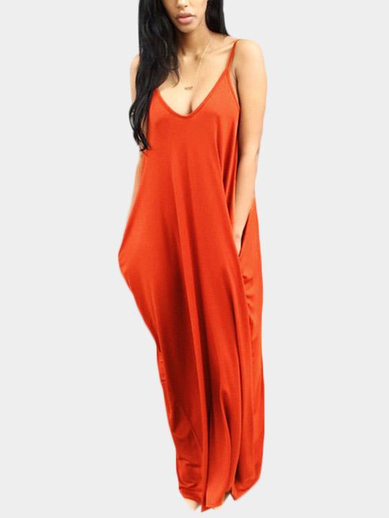 Casual V-Neck Sleeveless Side Pockets Maxi Dresses 